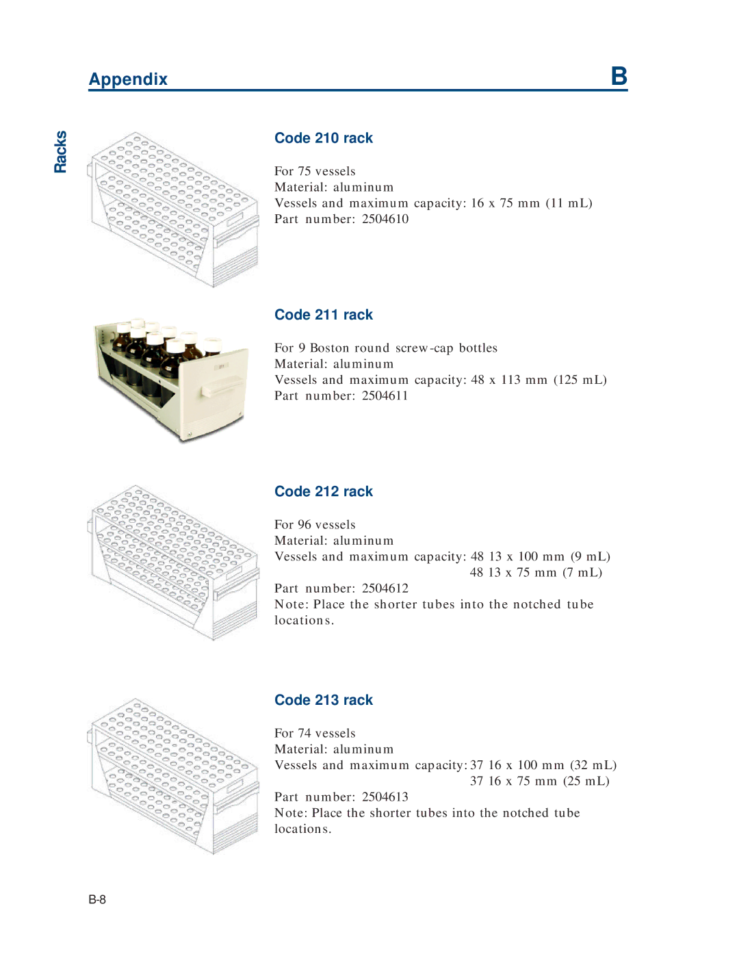 Gilson 215 manual Code 210 rack, Code 211 rack, Code 212 rack, Code 213 rack 