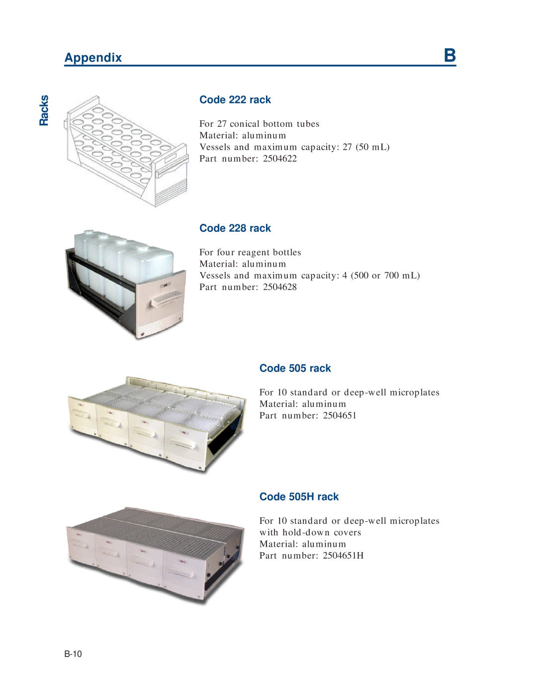 Gilson 215 manual Code 222 rack, Code 228 rack, Code 505 rack, Code 505H rack 