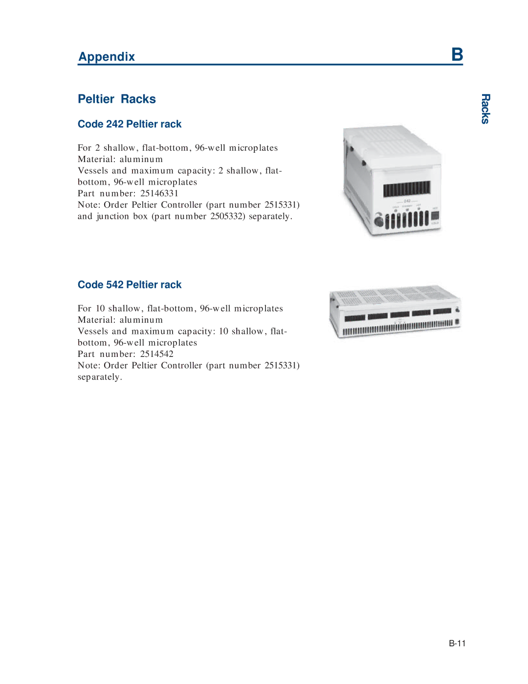 Gilson 215 manual Appendix Peltier Racks, Code 242 Peltier rack, Code 542 Peltier rack 