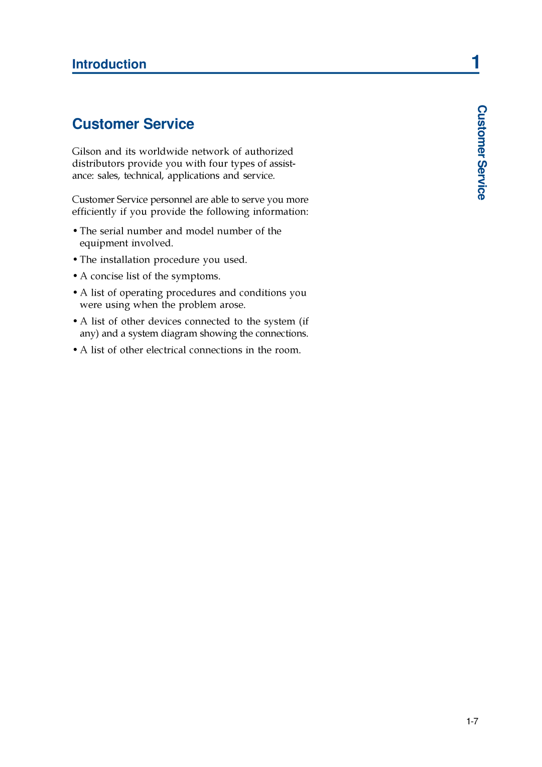 Gilson 402 manual Customer Service 