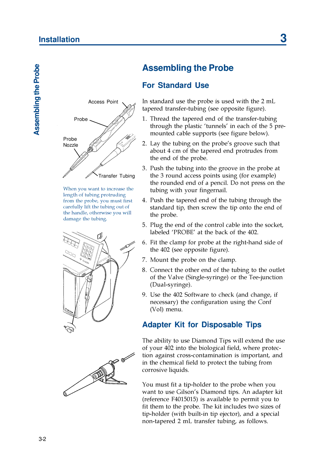 Gilson 402 manual Assembling the Probe, Installation, For Standard Use, Adapter Kit for Disposable Tips 