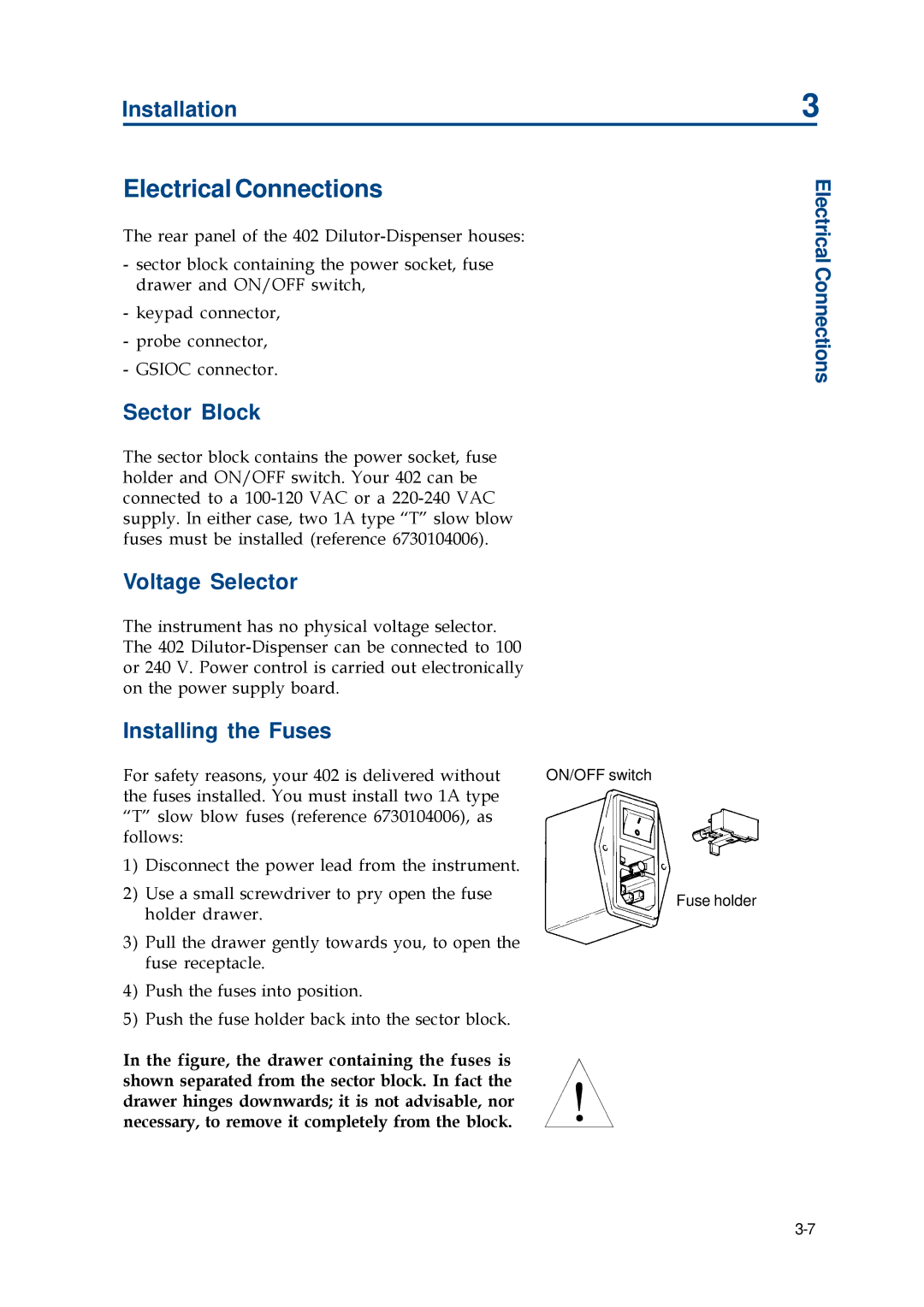 Gilson 402 manual Electrical Connections, Sector Block, Voltage Selector, Installing the Fuses 