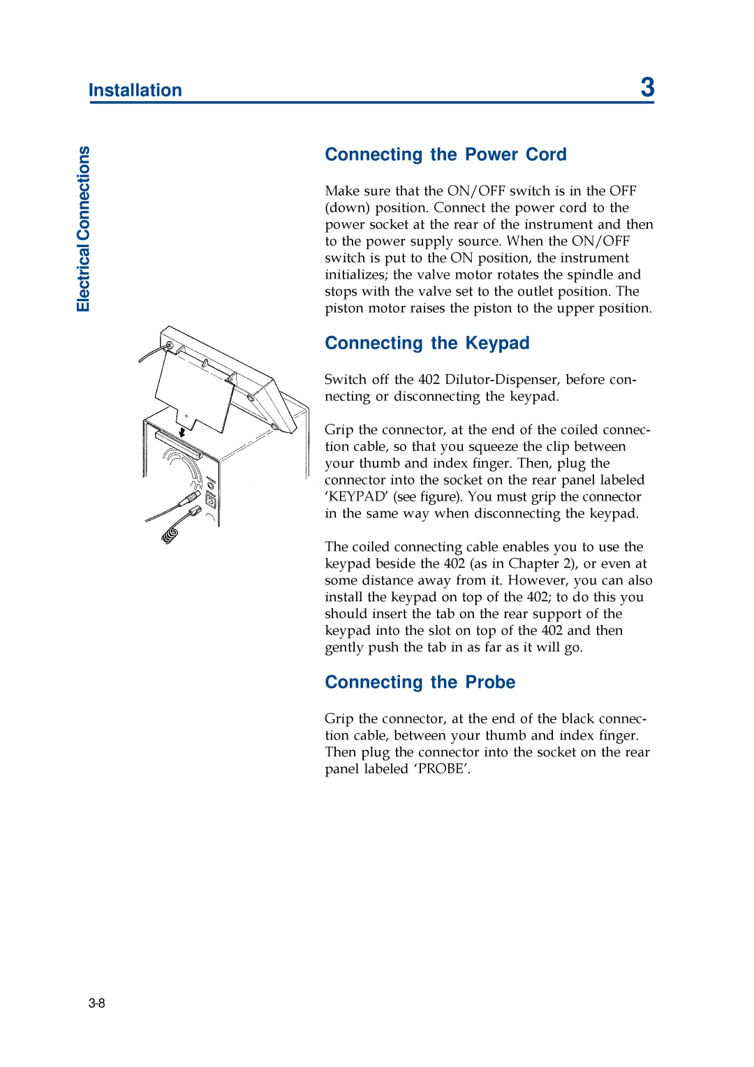 Gilson 402 manual Connecting the Power Cord, Connecting the Keypad, Connecting the Probe 