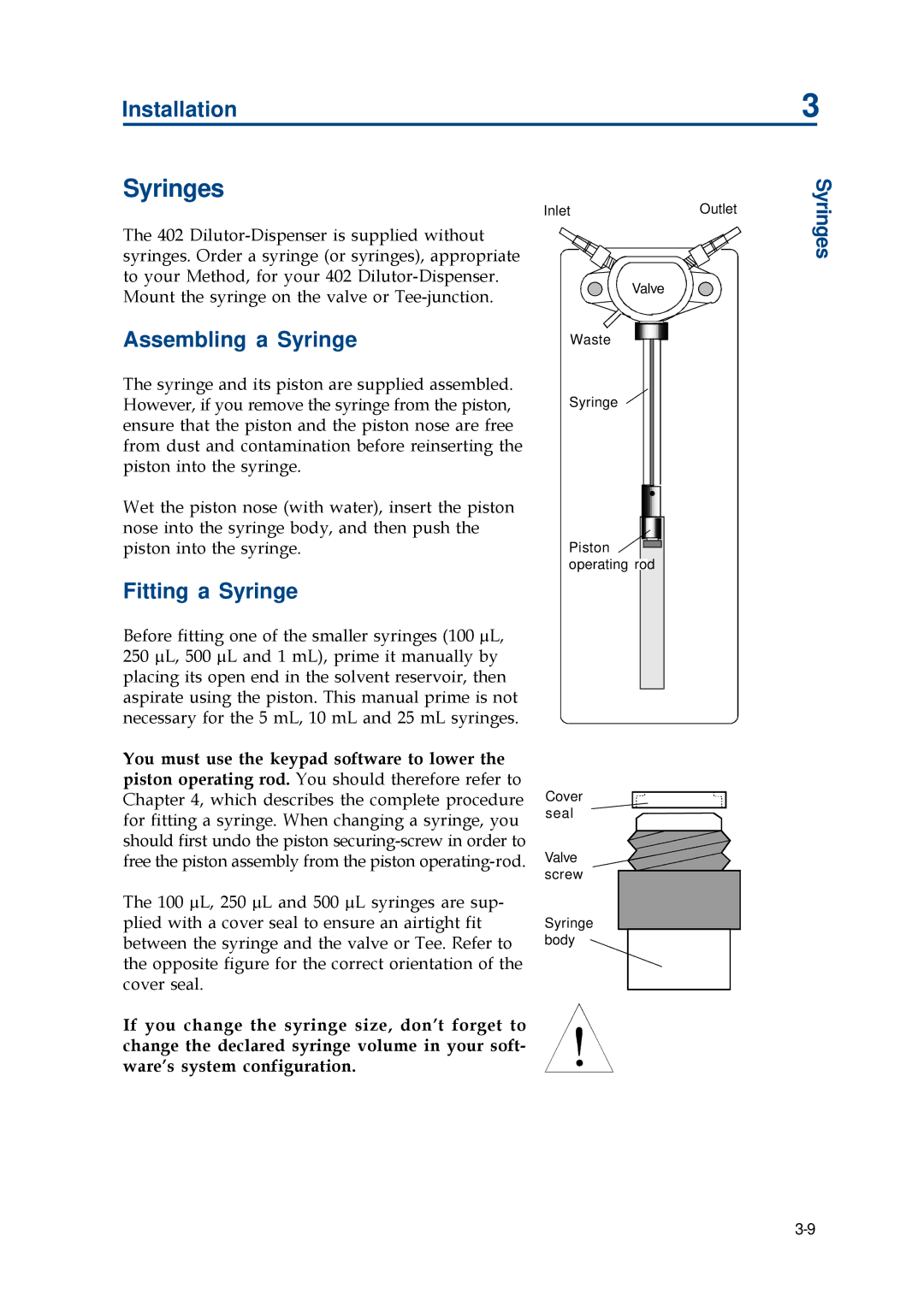 Gilson 402 manual Syringes, Assembling a Syringe, Fitting a Syringe 