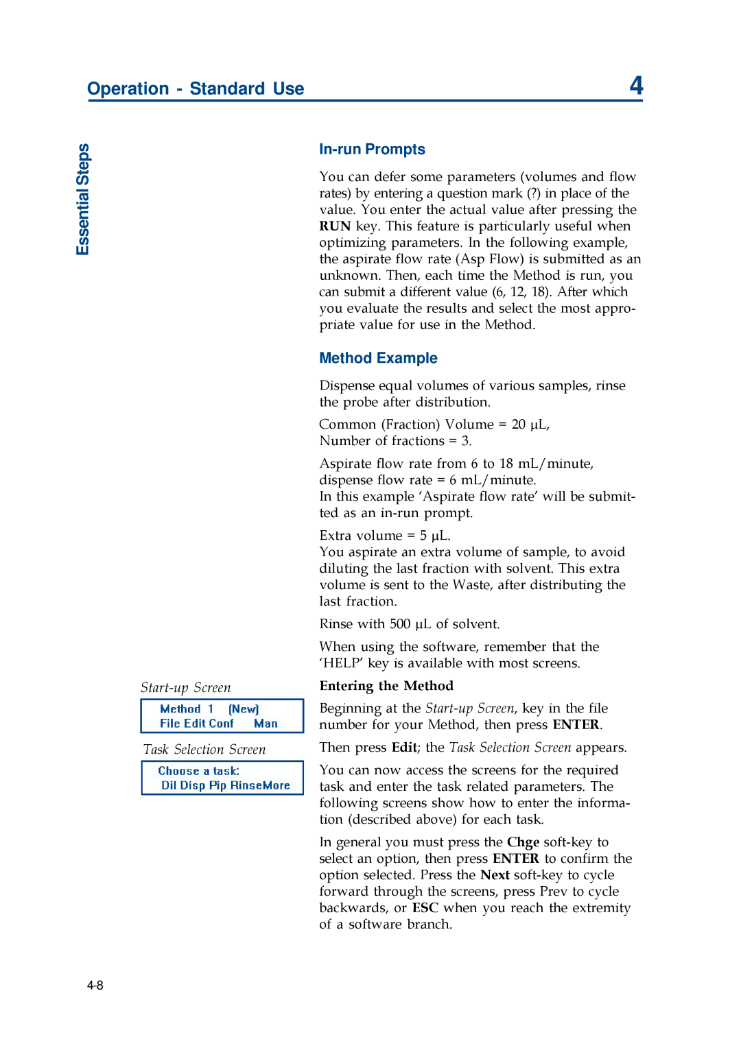 Gilson 402 manual In-run Prompts, Method Example, Start-up Screen Task Selection Screen 