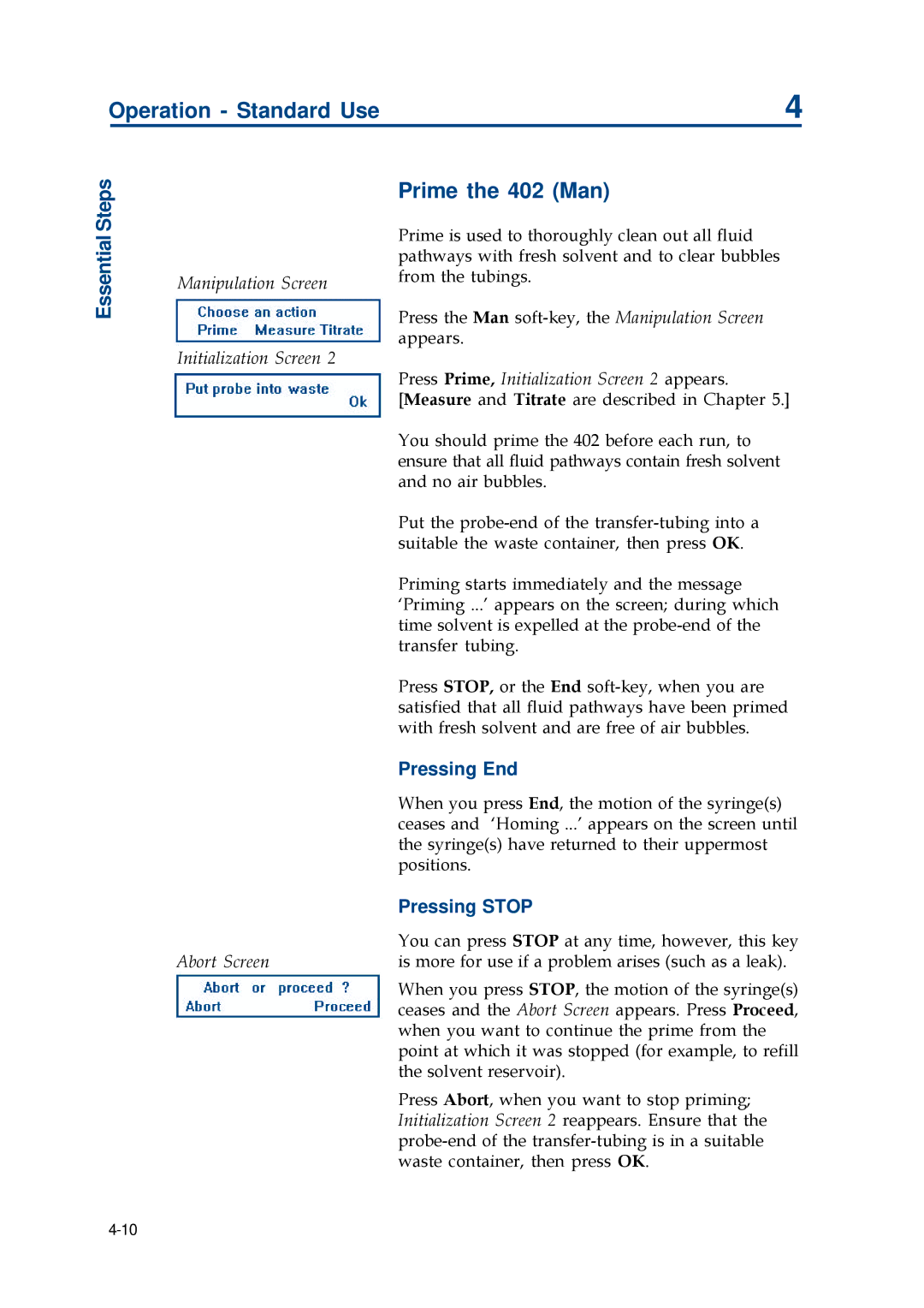 Gilson manual Prime the 402 Man, Pressing End, Pressing Stop, Manipulation Screen Initialization Screen Abort Screen 