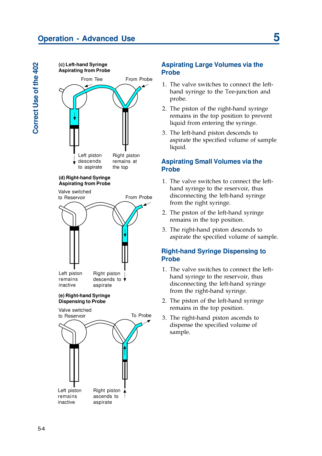 Gilson 402 manual Aspirating Large Volumes via the Probe, Aspirating Small Volumes via the Probe 