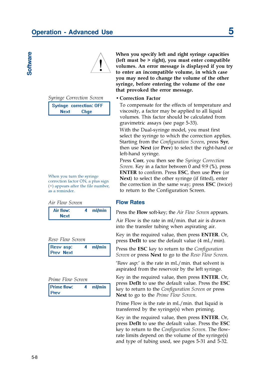 Gilson 402 manual Syringe Correction Screen, Air Flow Screen Resv Flow Screen Prime Flow Screen 