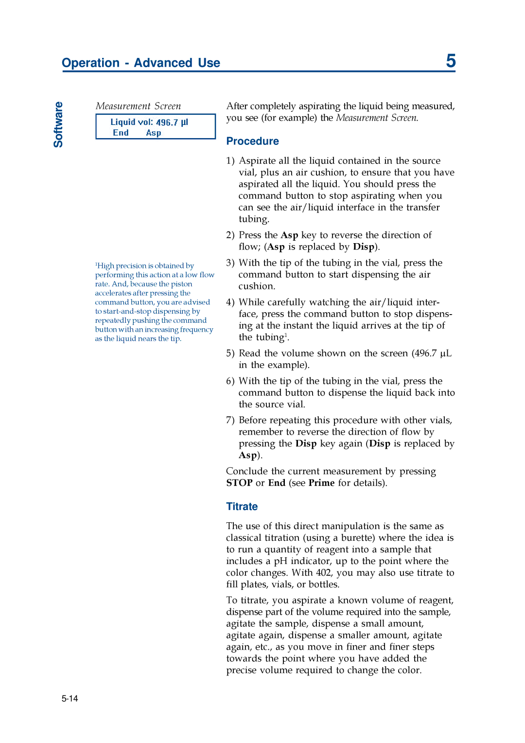 Gilson 402 manual Procedure, Titrate, Measurement Screen 