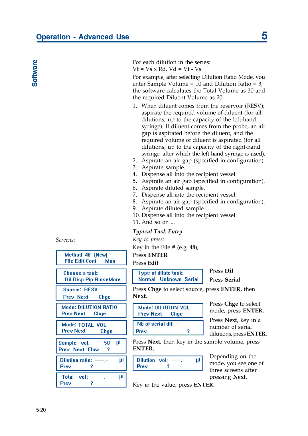 Gilson 402 manual Screens Key to press, Press Chge to select source, press ENTER, then Next 