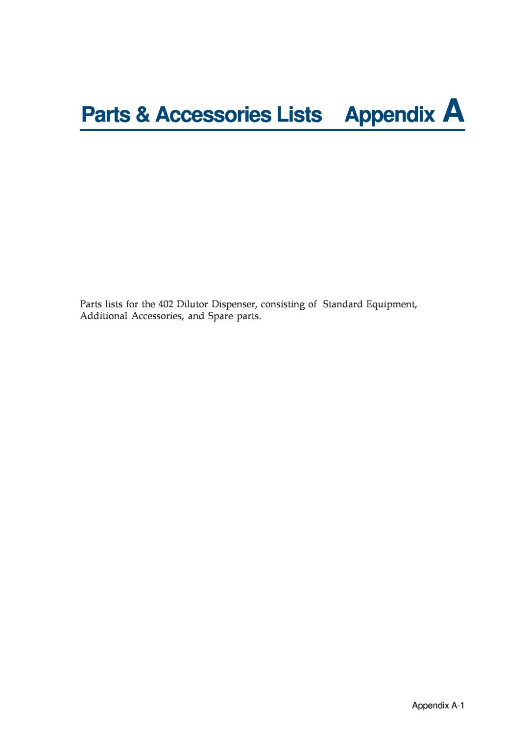 Gilson 402 manual Parts & Accessories Lists Appendix A, Appendix A-1 
