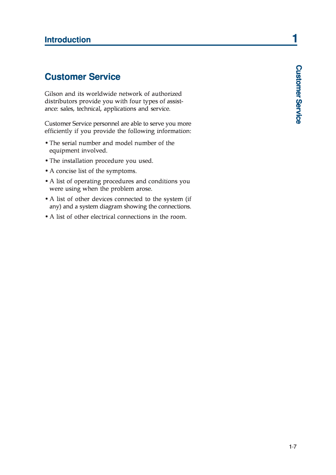 Gilson 402 manual Customer Service, Introduction 