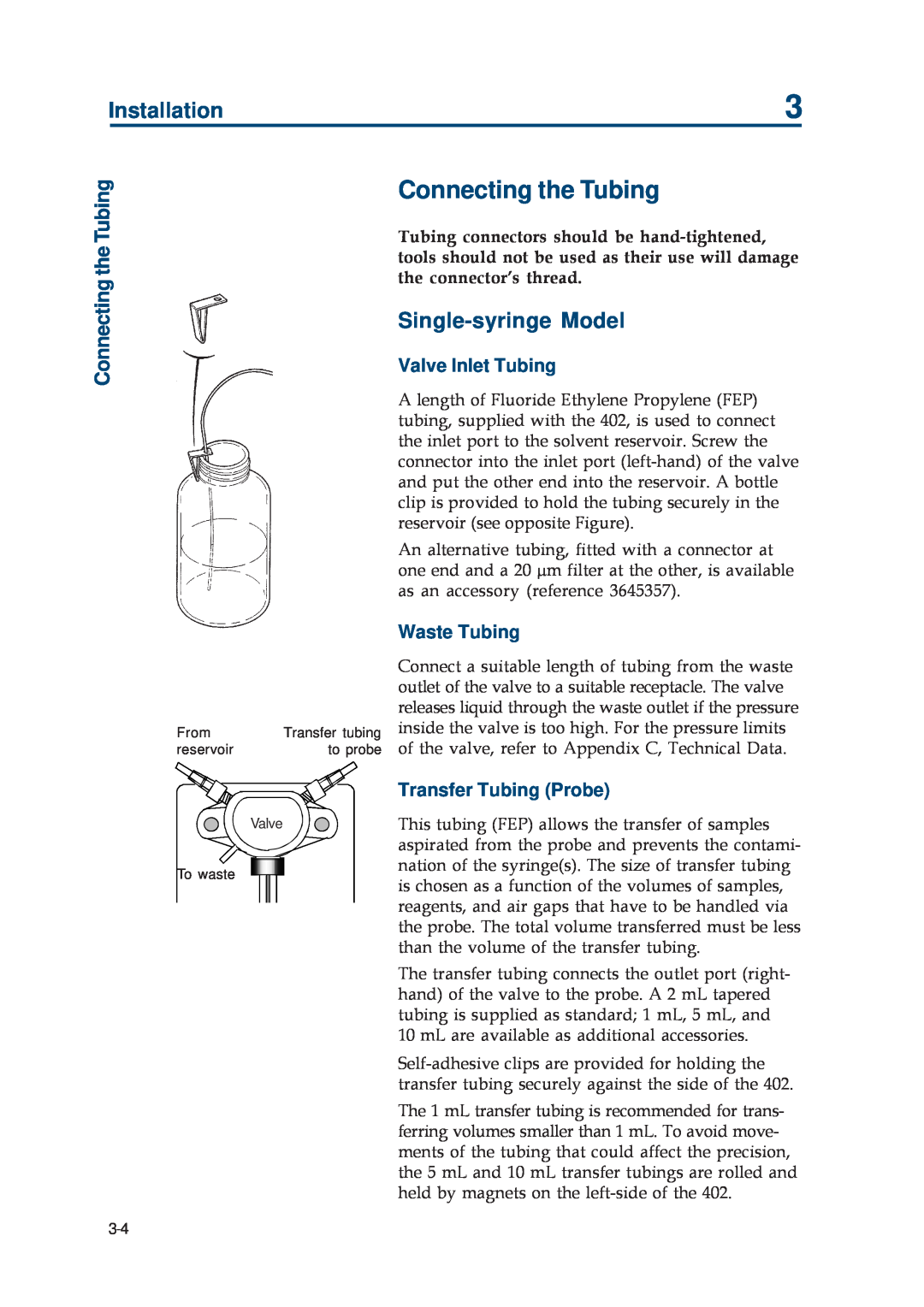 Gilson 402 manual Connecting the Tubing, Single-syringe Model, Valve Inlet Tubing, Waste Tubing, Transfer Tubing Probe 