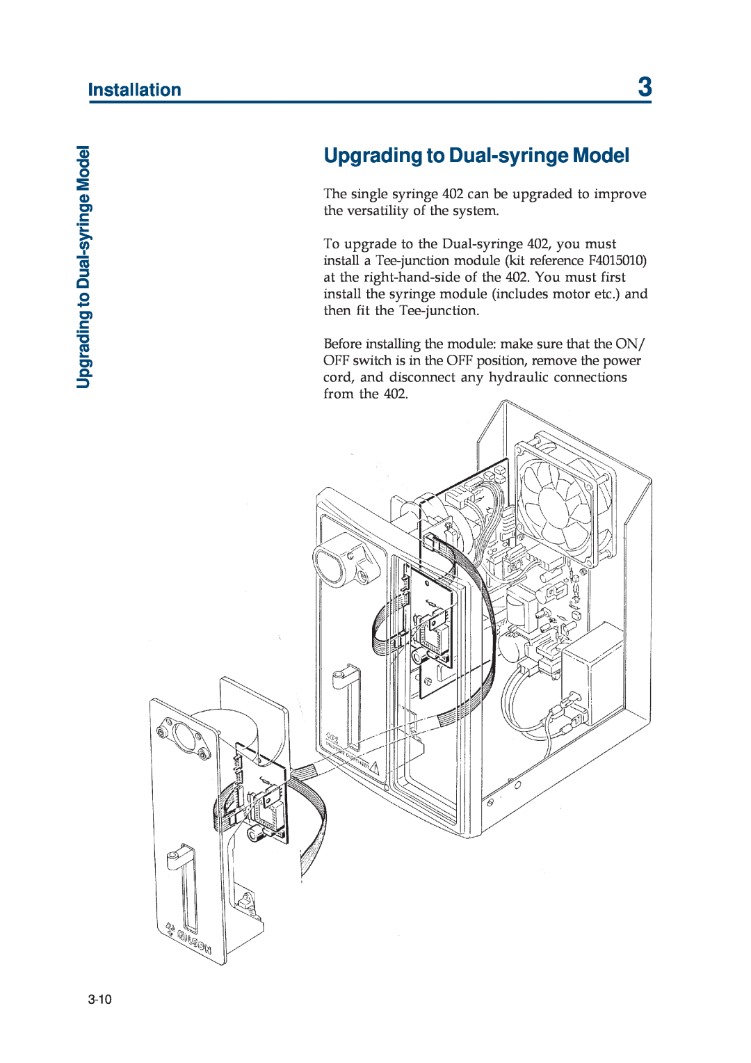 Gilson 402 manual Upgrading to Dual-syringe Model, Installation 