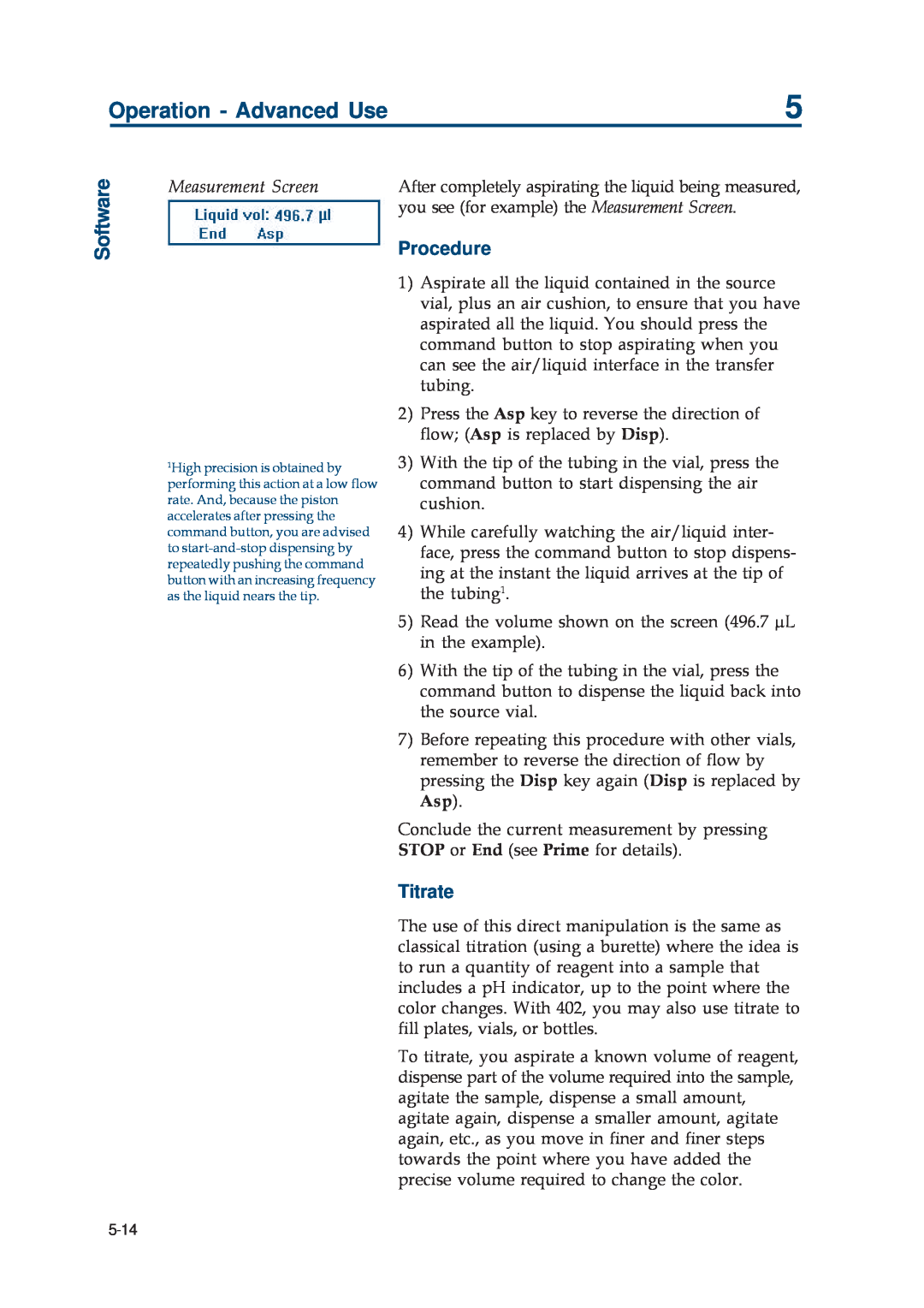 Gilson 402 manual Procedure, Titrate, Measurement Screen, Operation - Advanced Use, Software 