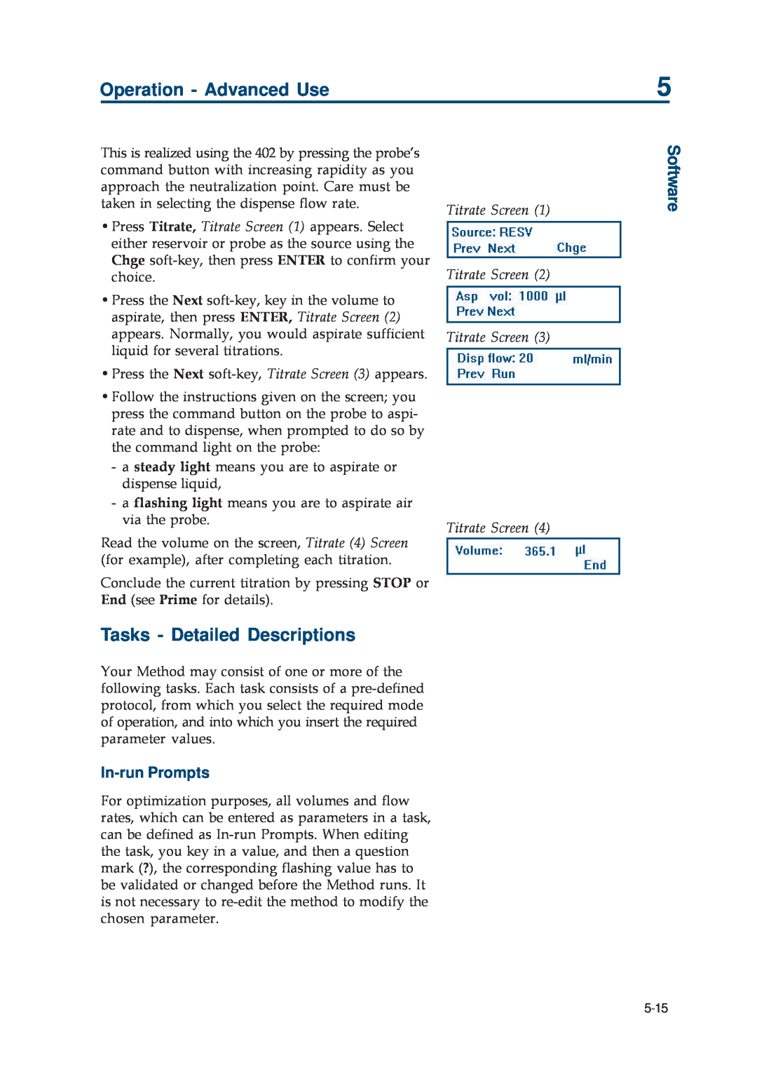 Gilson 402 manual Tasks - Detailed Descriptions, Titrate Screen Titrate Screen Titrate Screen Titrate Screen, Software 