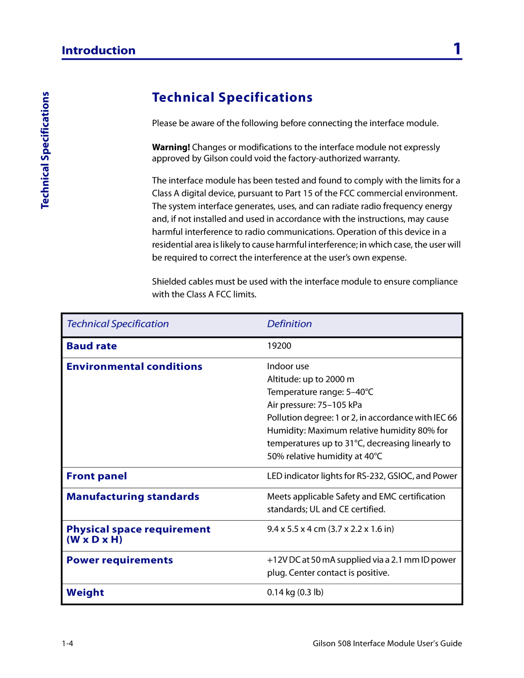 Gilson 508 manual Technical Specifications 