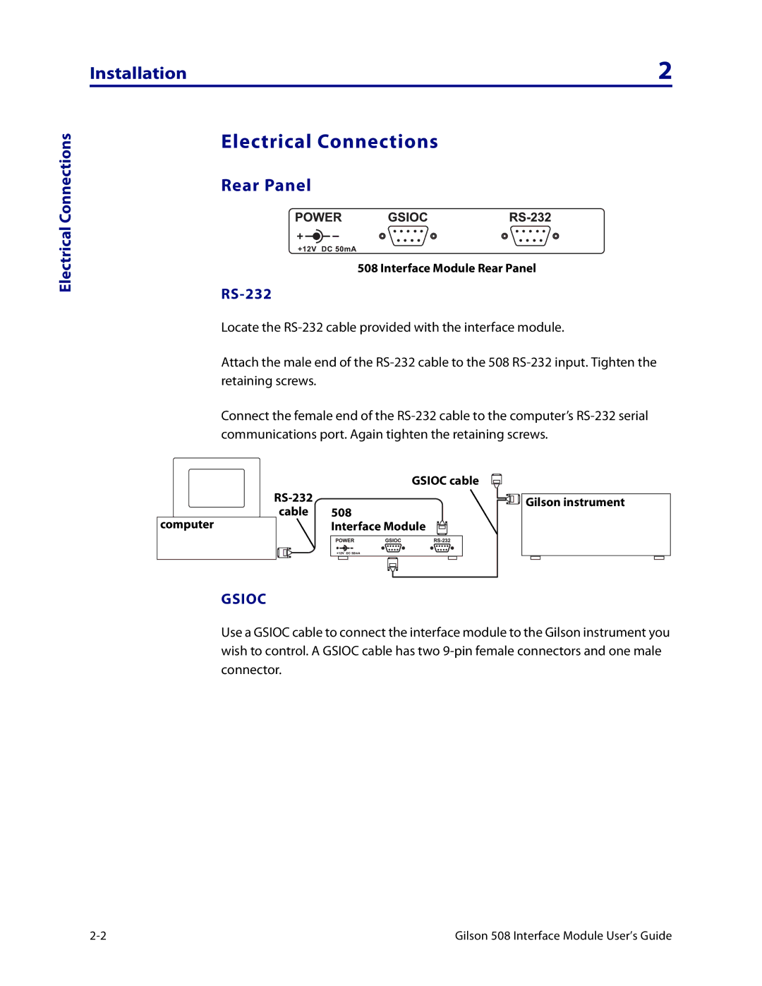 Gilson 508 manual Electrical Connections, Installation, Rear Panel, RS-232 