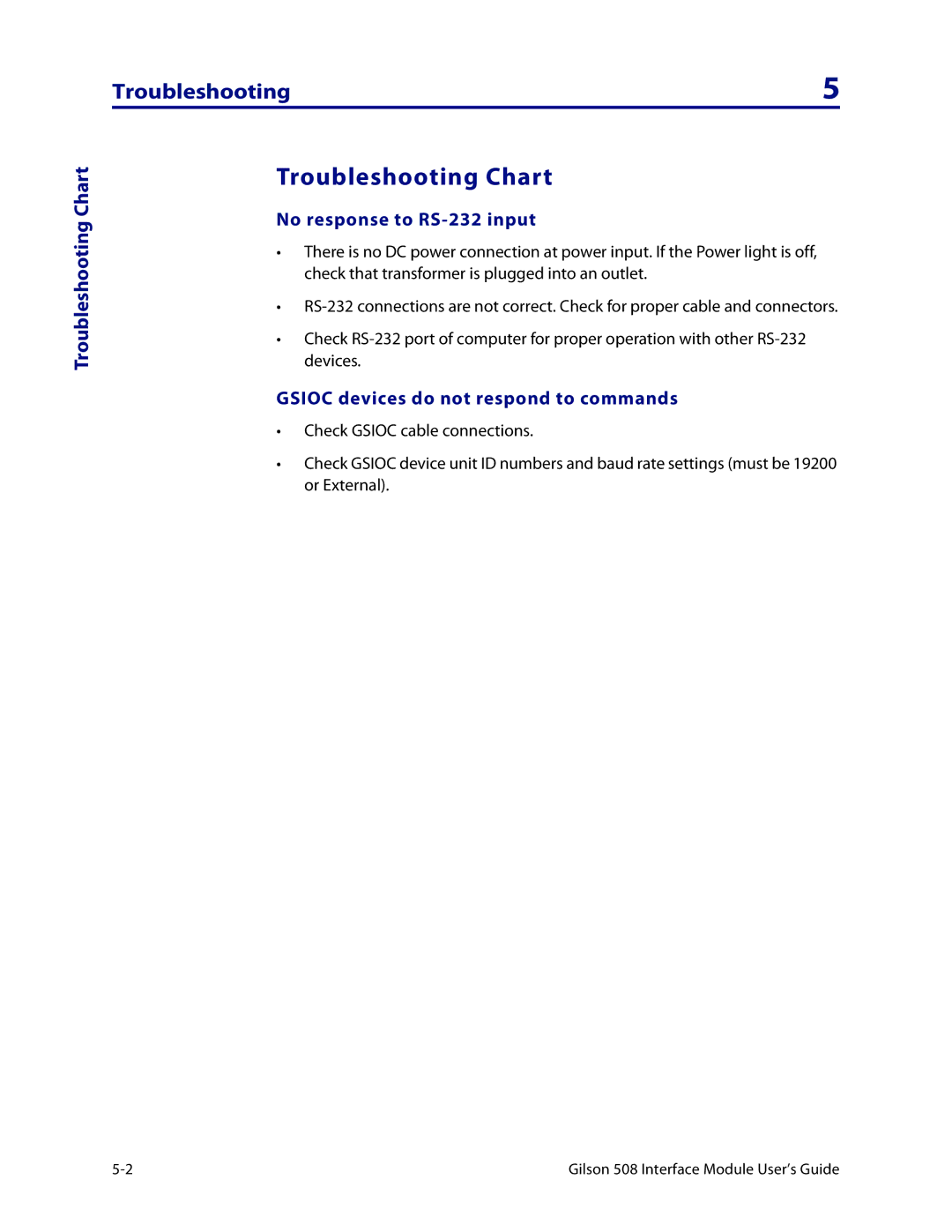 Gilson 508 manual Troubleshooting Chart, No response to RS-232 input, Gsioc devices do not respond to commands 
