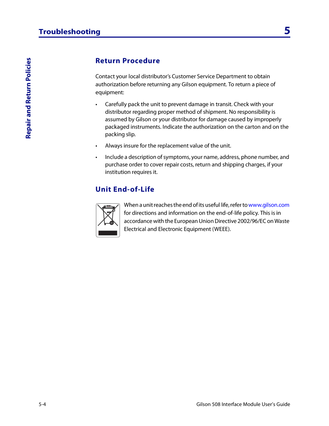 Gilson 508 manual Troubleshooting Return Procedure, Unit End-of-Life 