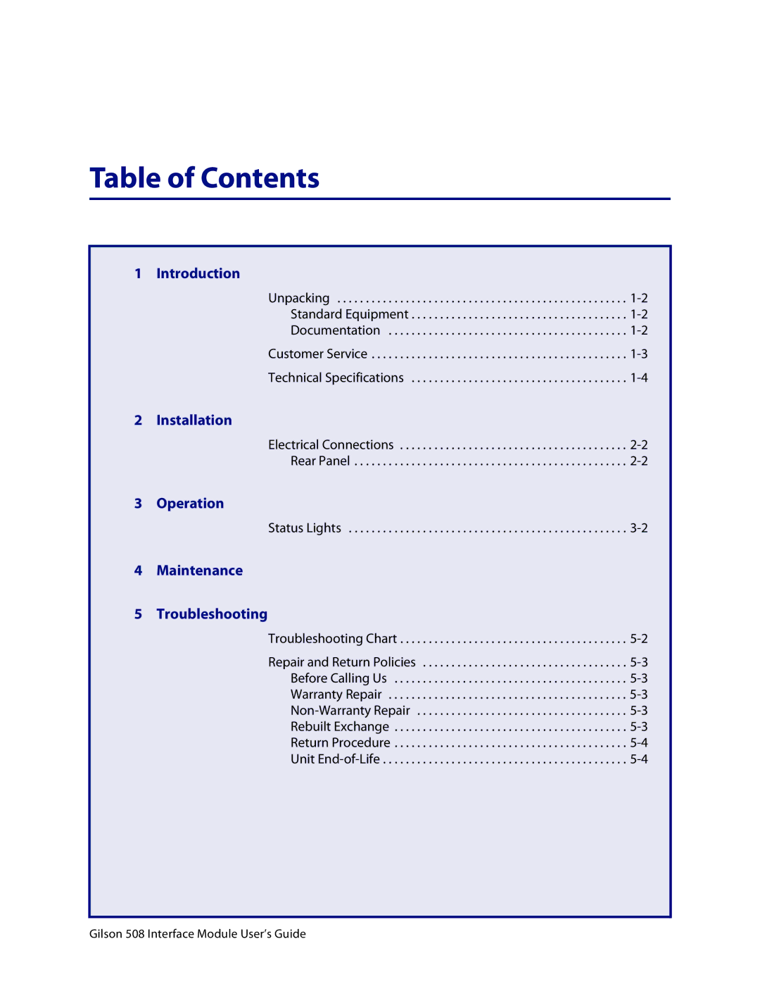 Gilson 508 manual Table of Contents 