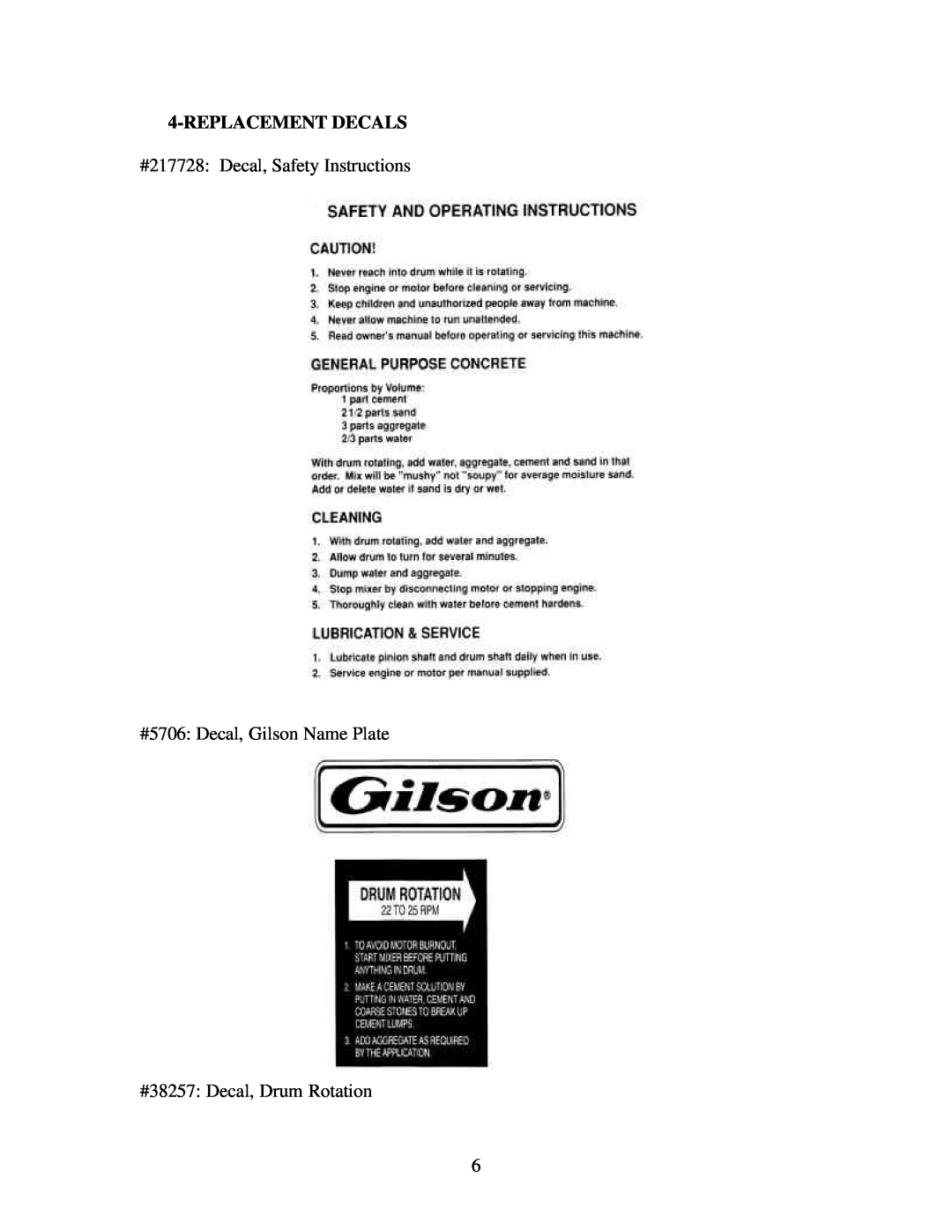 Gilson 59015C manual Replacementdecals, #217728 Decal, Safety Instructions, #5706 Decal, Gilson Name Plate 