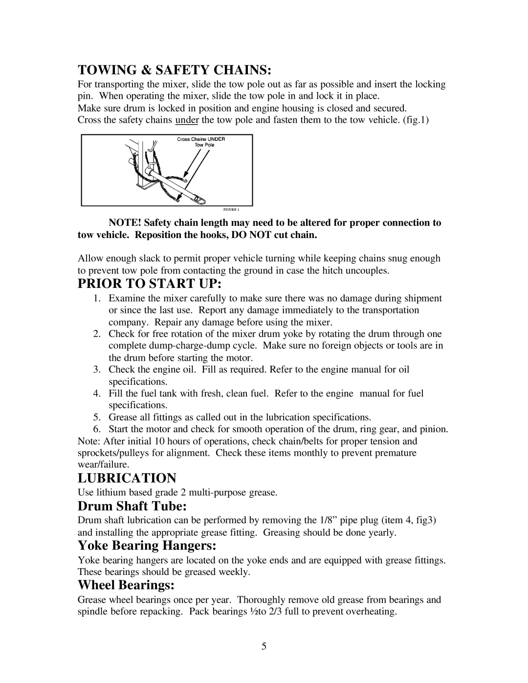 Gilson 600CM operating instructions Towing & Safety Chains, Prior to Start UP, Lubrication 