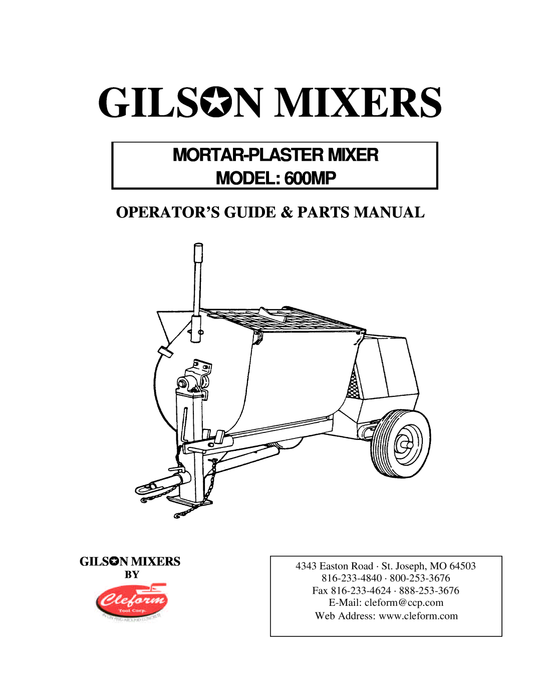 Gilson manual Operator’S Guide & Parts Manual, Gilsjn Mixers, MORTAR-PLASTERMIXER MODEL 600MP 