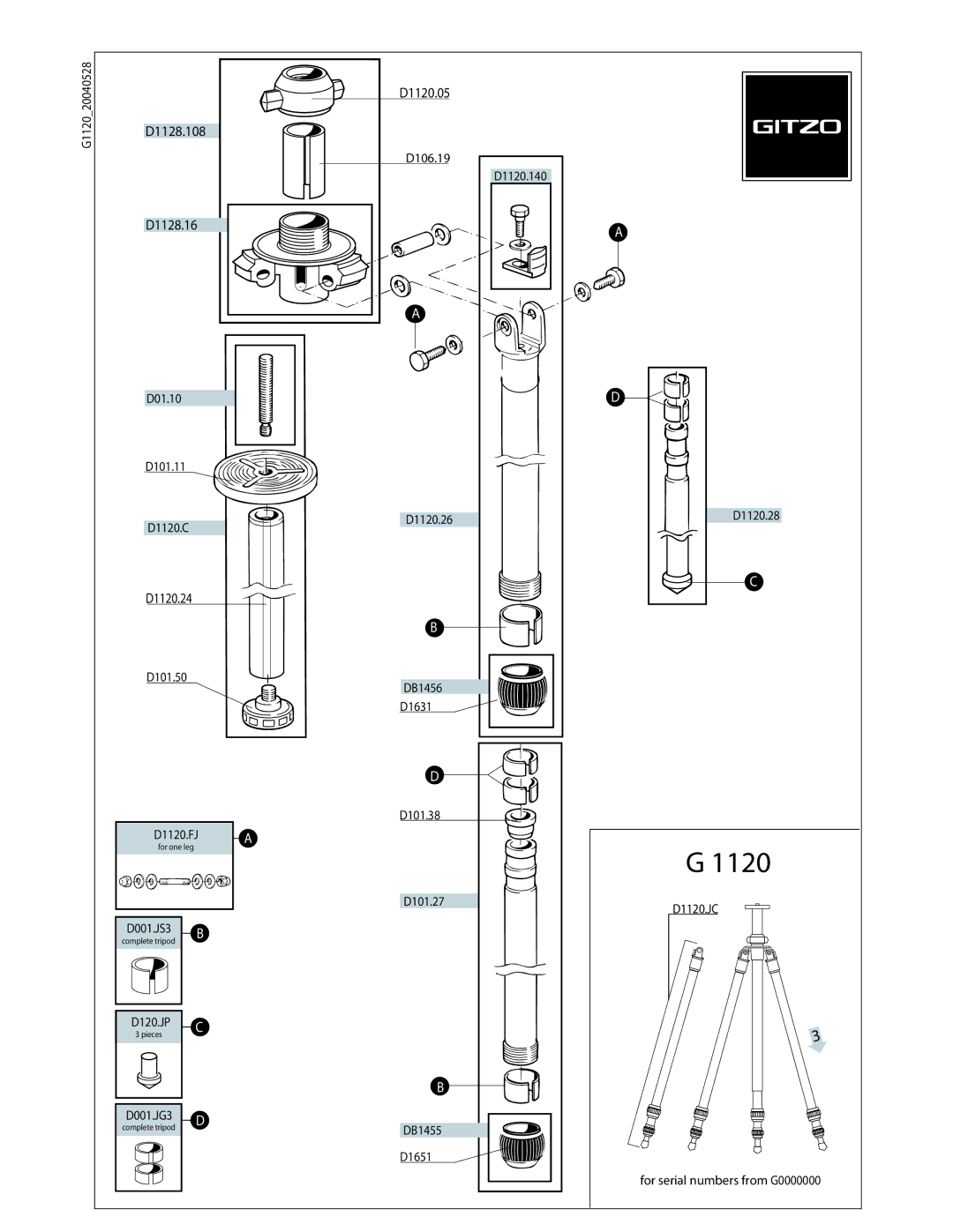 Gitzo G1120 manual D1120.05 D1128.108, D1128.16 