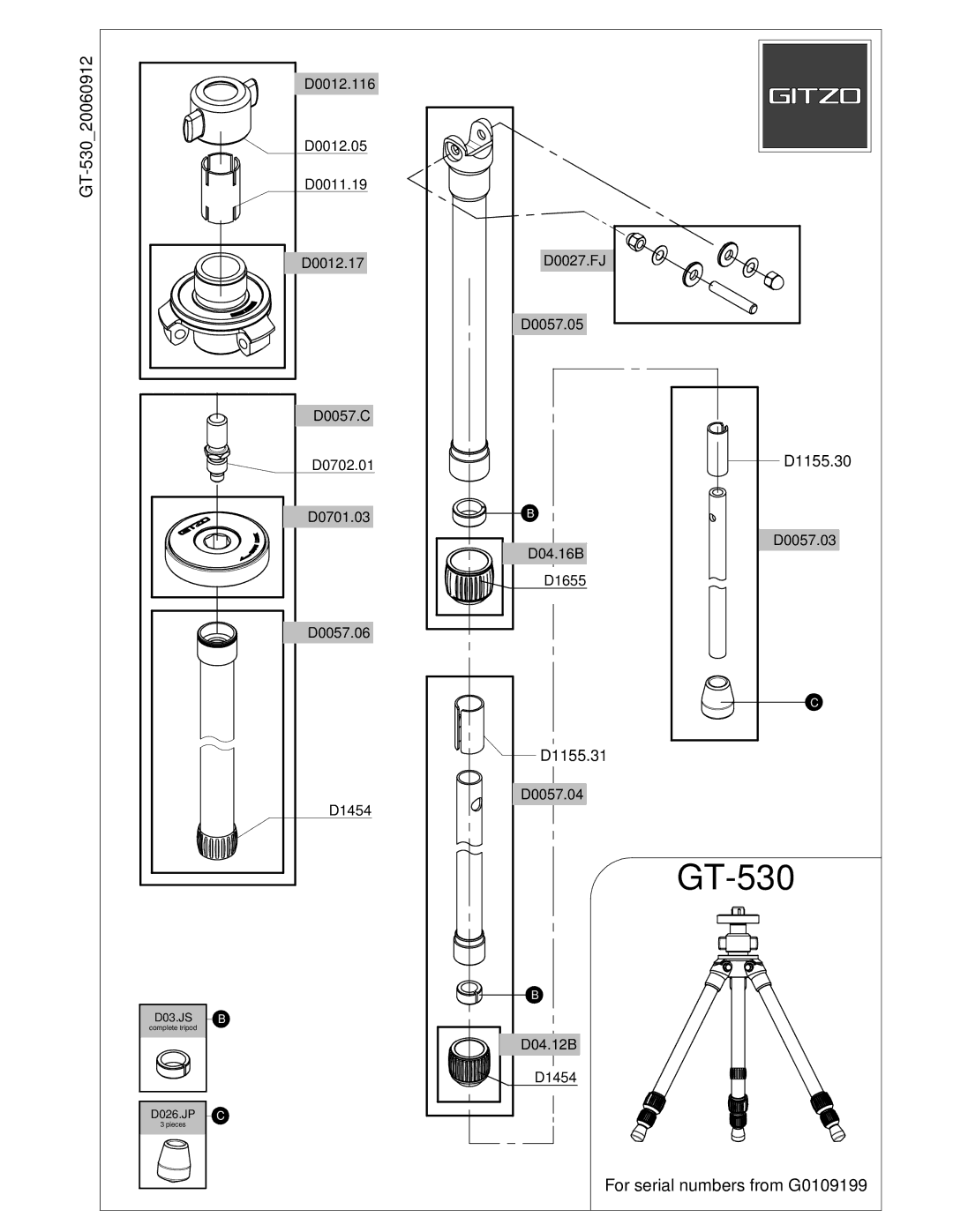 Gitzo GT-530 manual 20060912, For serial numbers from G0109199 