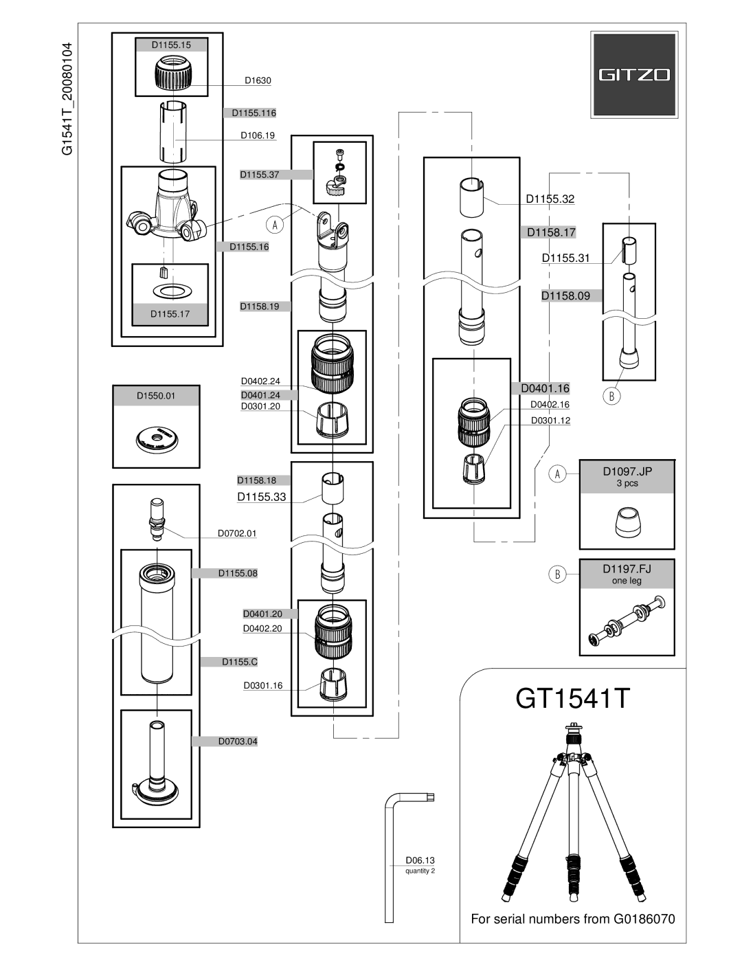 Gitzo GT1541T manual 20080104, G1541T, For serial numbers from G0186070 