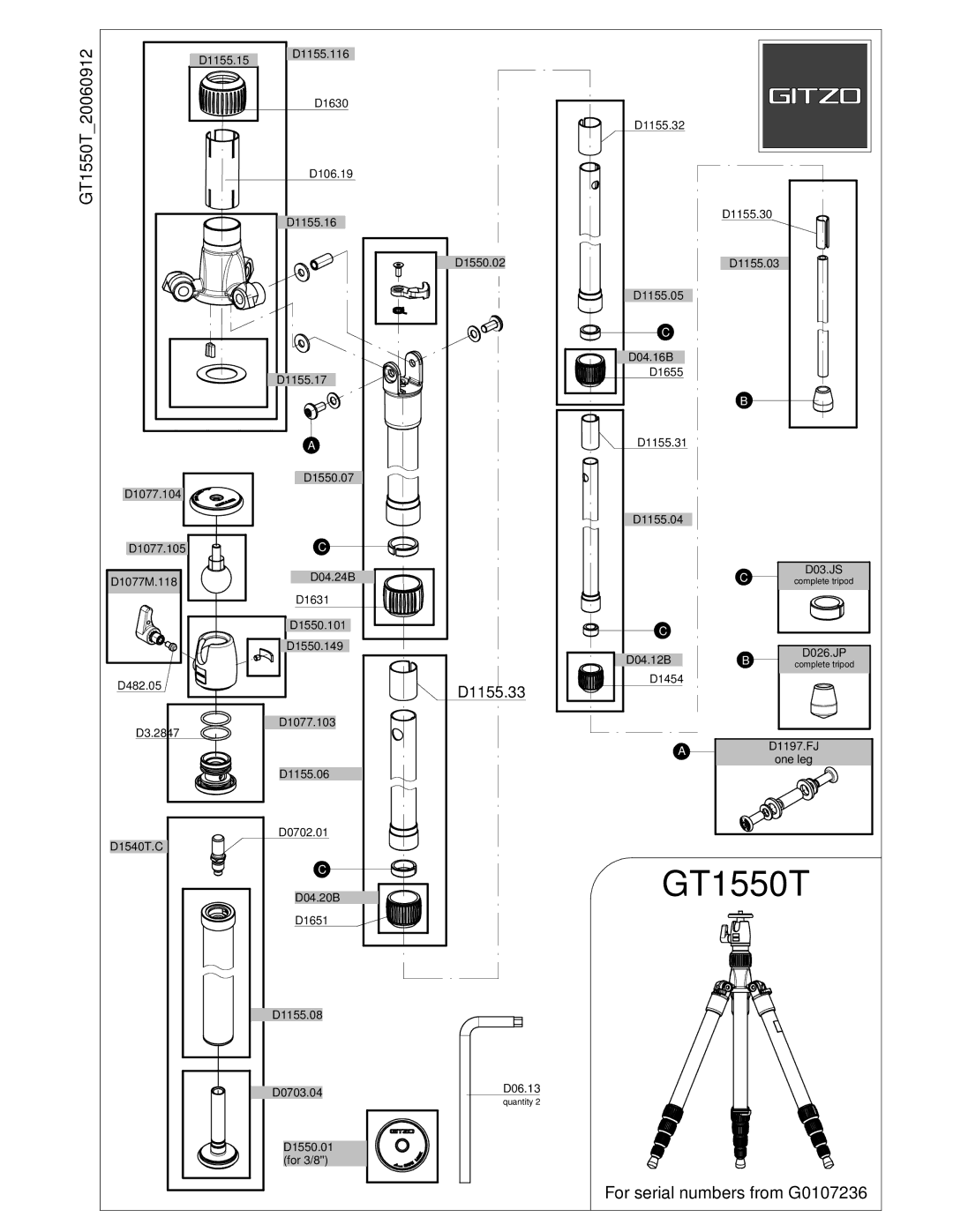 Gitzo GT1550T manual 20060912, For serial numbers from G0107236 