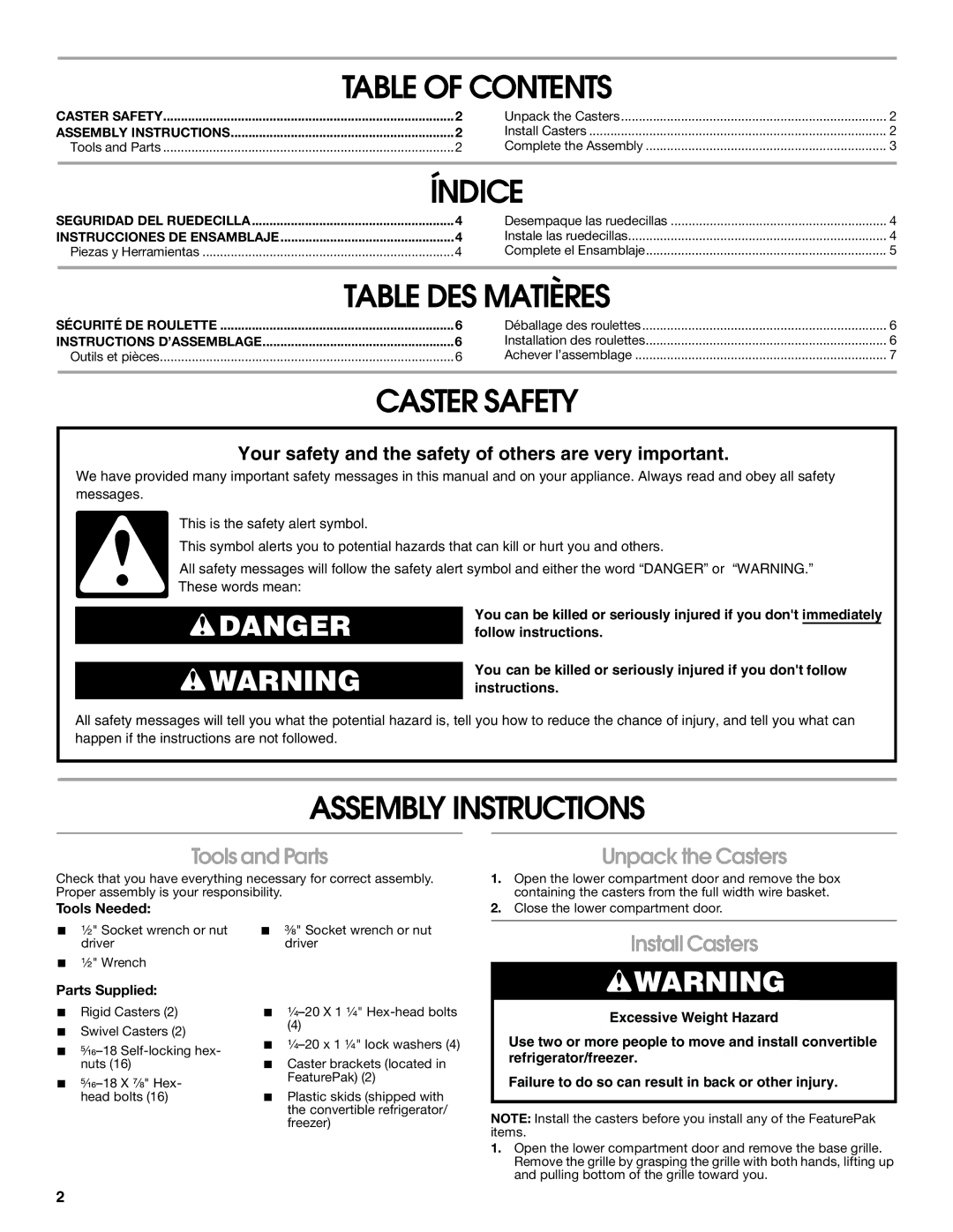 Gladiator Garageworks 2253210A Table of Contents, Índice, Table DES Matières, Caster Safety, Assembly Instructions 