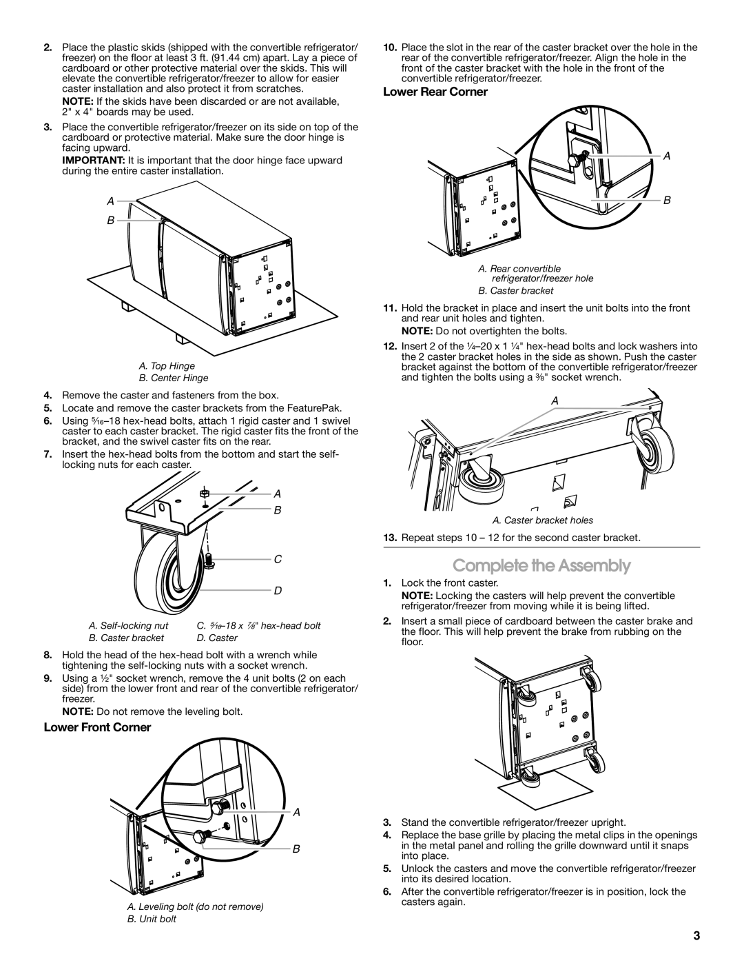 Gladiator Garageworks 2253210A installation instructions Complete the Assembly, Lower Front Corner, Lower Rear Corner 