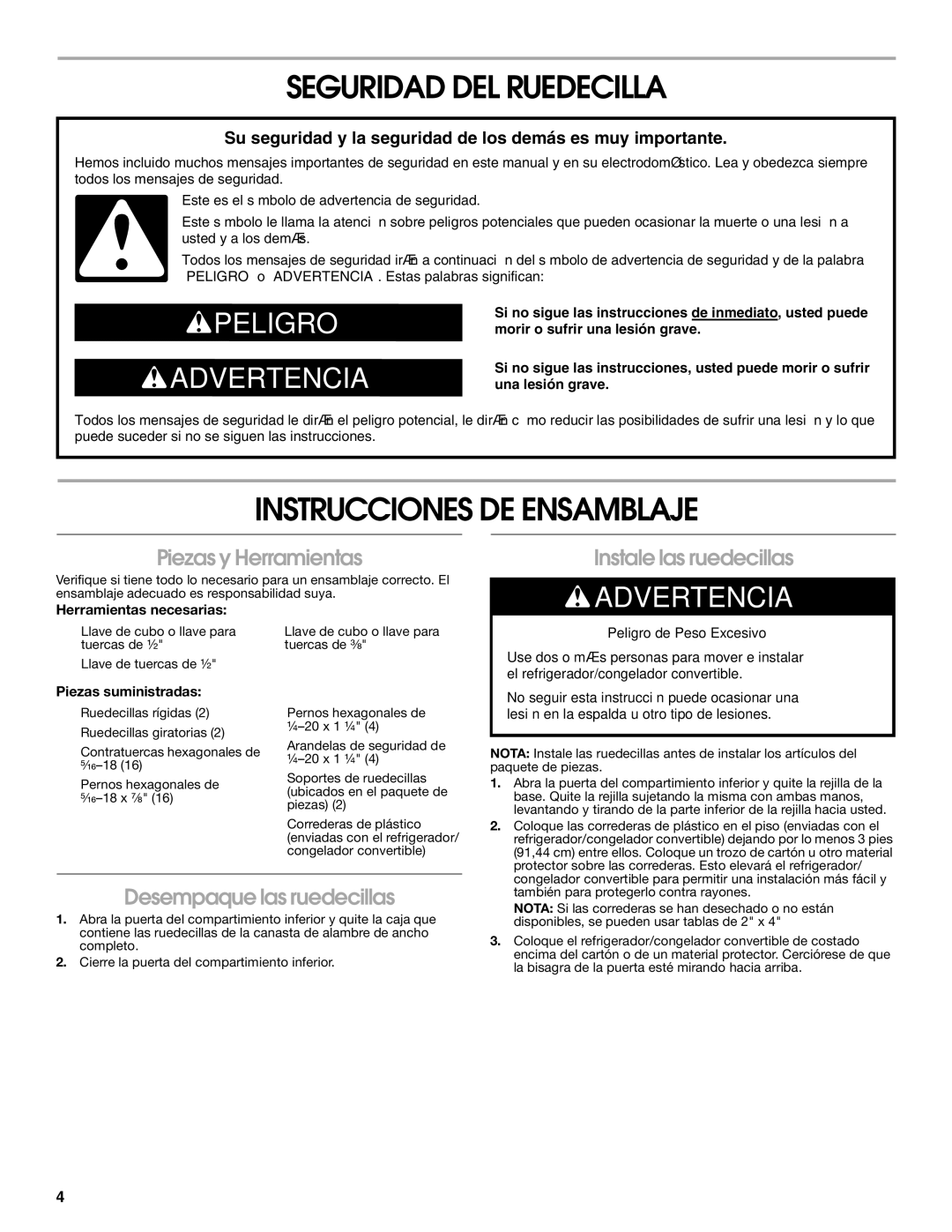 Gladiator Garageworks 2253210A Seguridad DEL Ruedecilla, Instrucciones DE Ensamblaje, Peligro Advertencia 