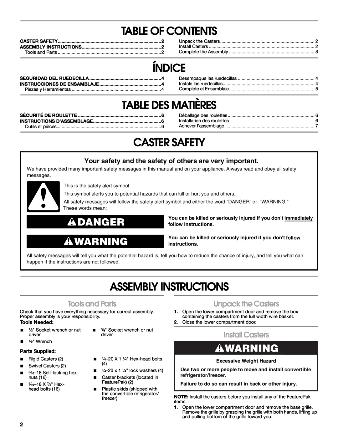 Gladiator Garageworks 2253210A Table Of Contents, Índice, Table Des Matières, Caster Safety, Assembly Instructions, Danger 