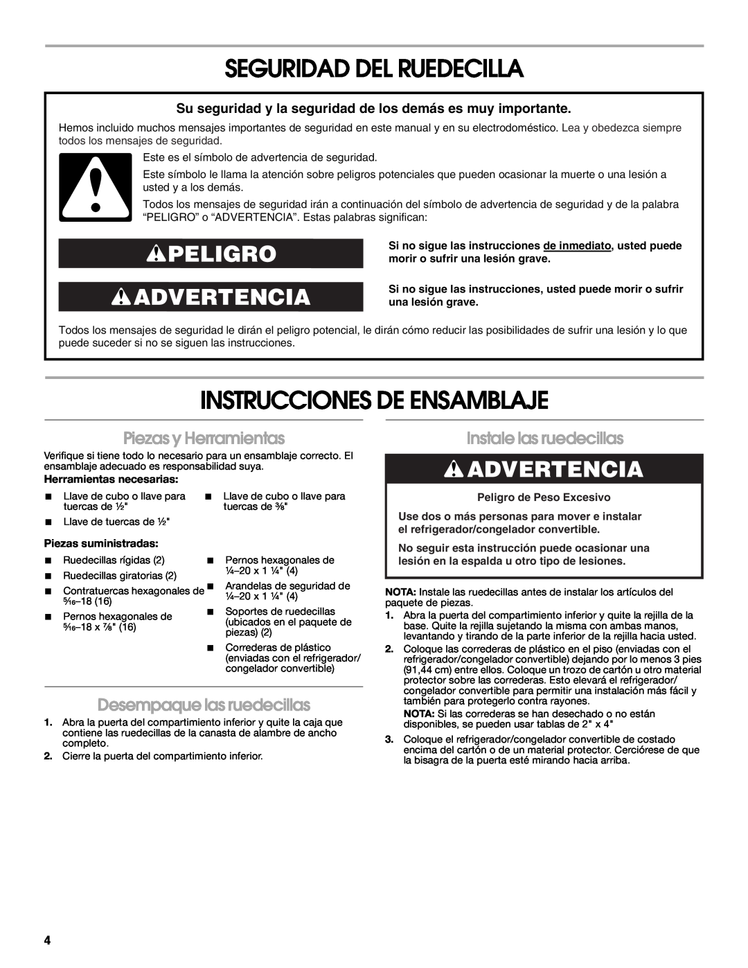 Gladiator Garageworks 2253210A Seguridad Del Ruedecilla, Instrucciones De Ensamblaje, Peligro Advertencia 