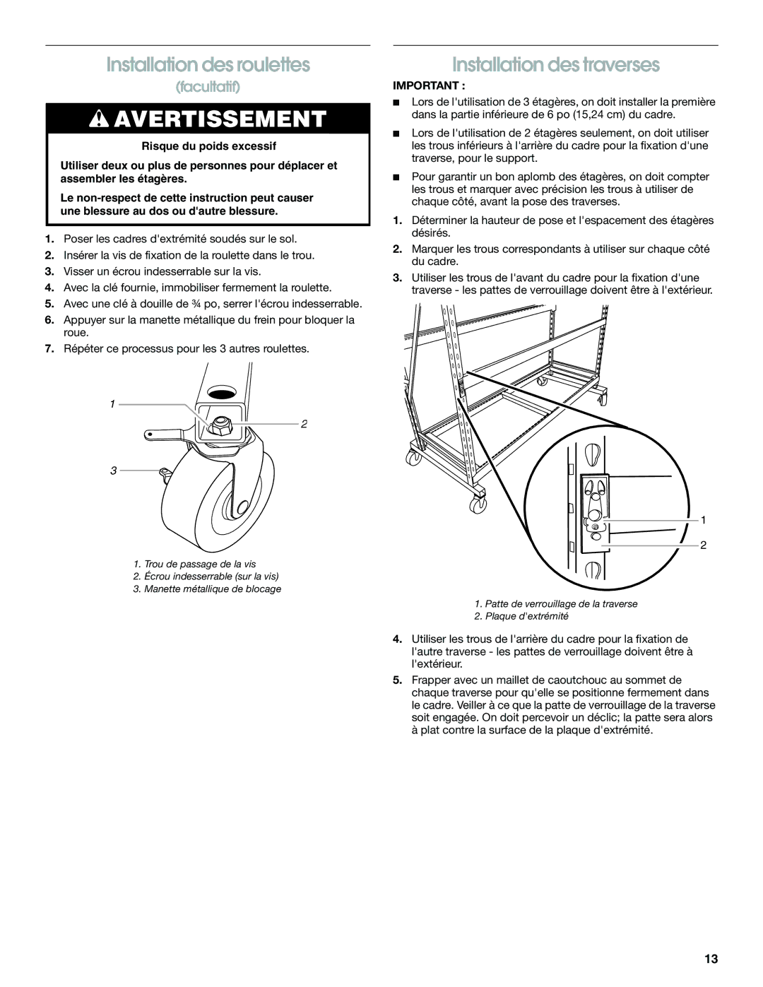 Gladiator Garageworks 2253351A manual Installation des roulettes, Installation des traverses 