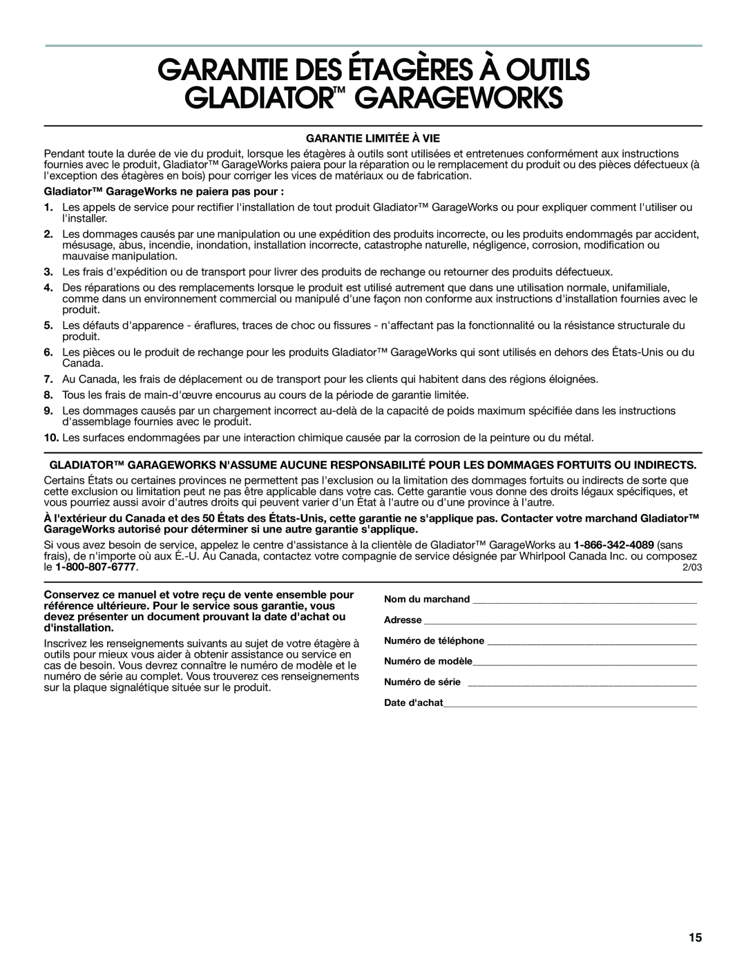 Gladiator Garageworks 2253351A manual Garantie DES Étagères À Outils Gladiator Garageworks, Garantie Limitée À VIE 