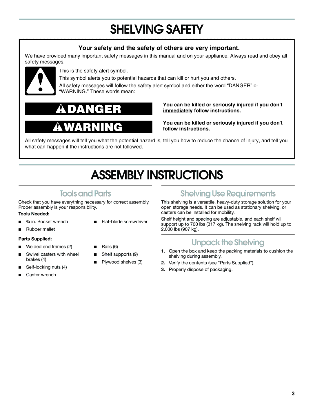 Gladiator Garageworks 2253351A manual Shelving Safety, Assembly Instructions, Tools and Parts, Shelving Use Requirements 