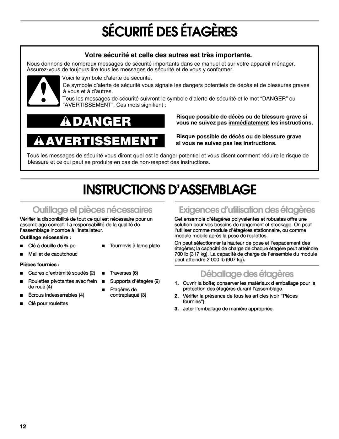 Gladiator Garageworks 2253351A manual Sécurité Des Étagères, Instructions D’Assemblage, Danger, Avertissement 