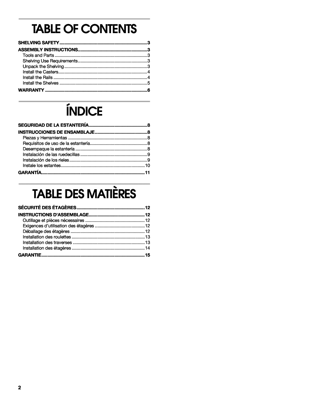 Gladiator Garageworks 2253351A manual Índice, Table Of Contents, Table Des Matières 