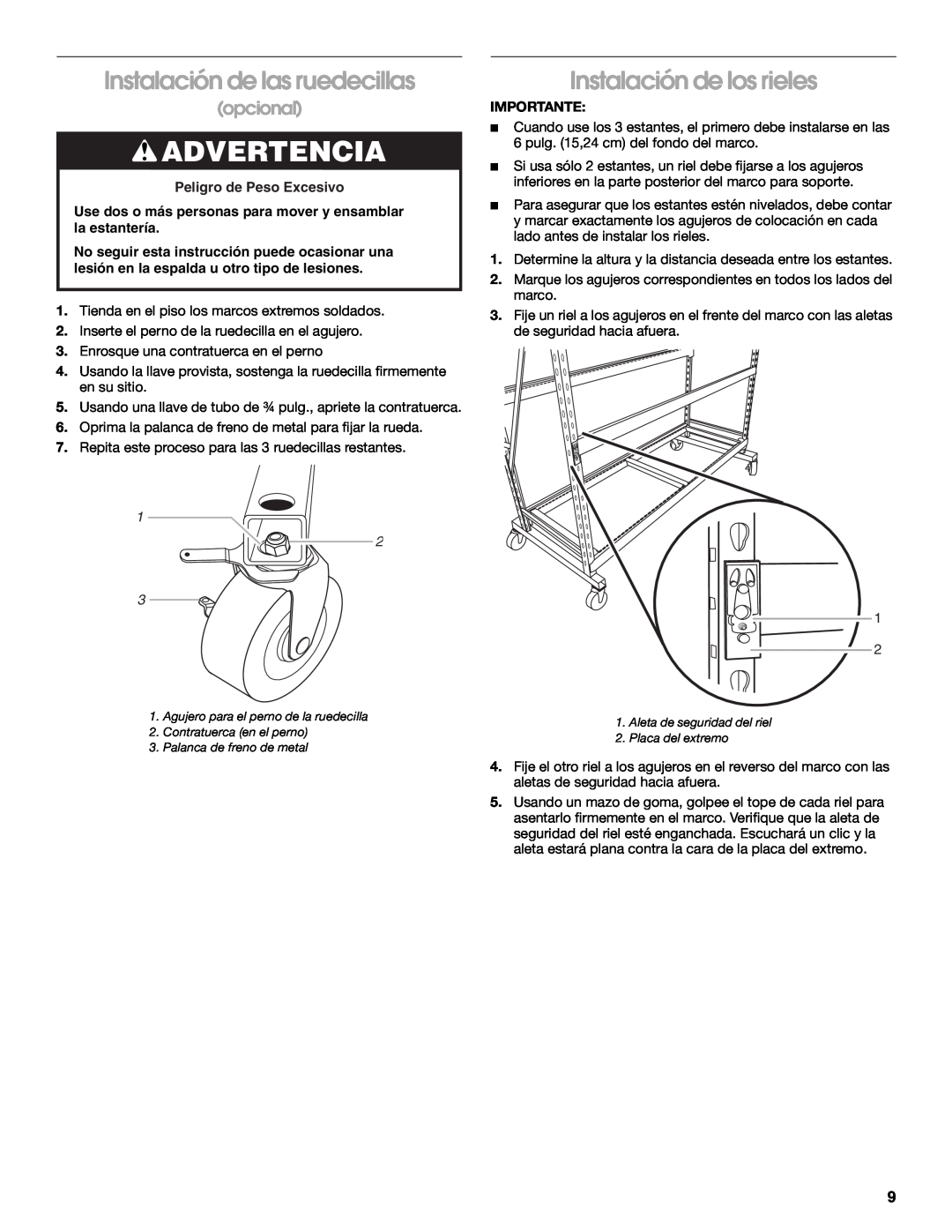 Gladiator Garageworks 2253351A manual Advertencia, Instalación de las ruedecillas, Instalación de los rieles, opcional 