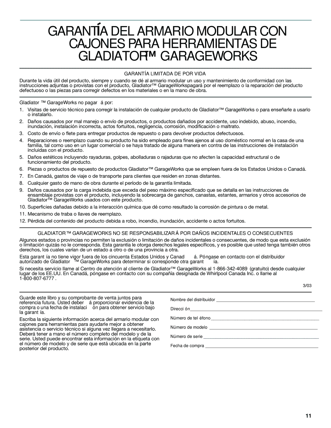 Gladiator Garageworks 2253694A manual Garantía Limitada DE POR Vida, Gladiator GarageWorks no pagará por 