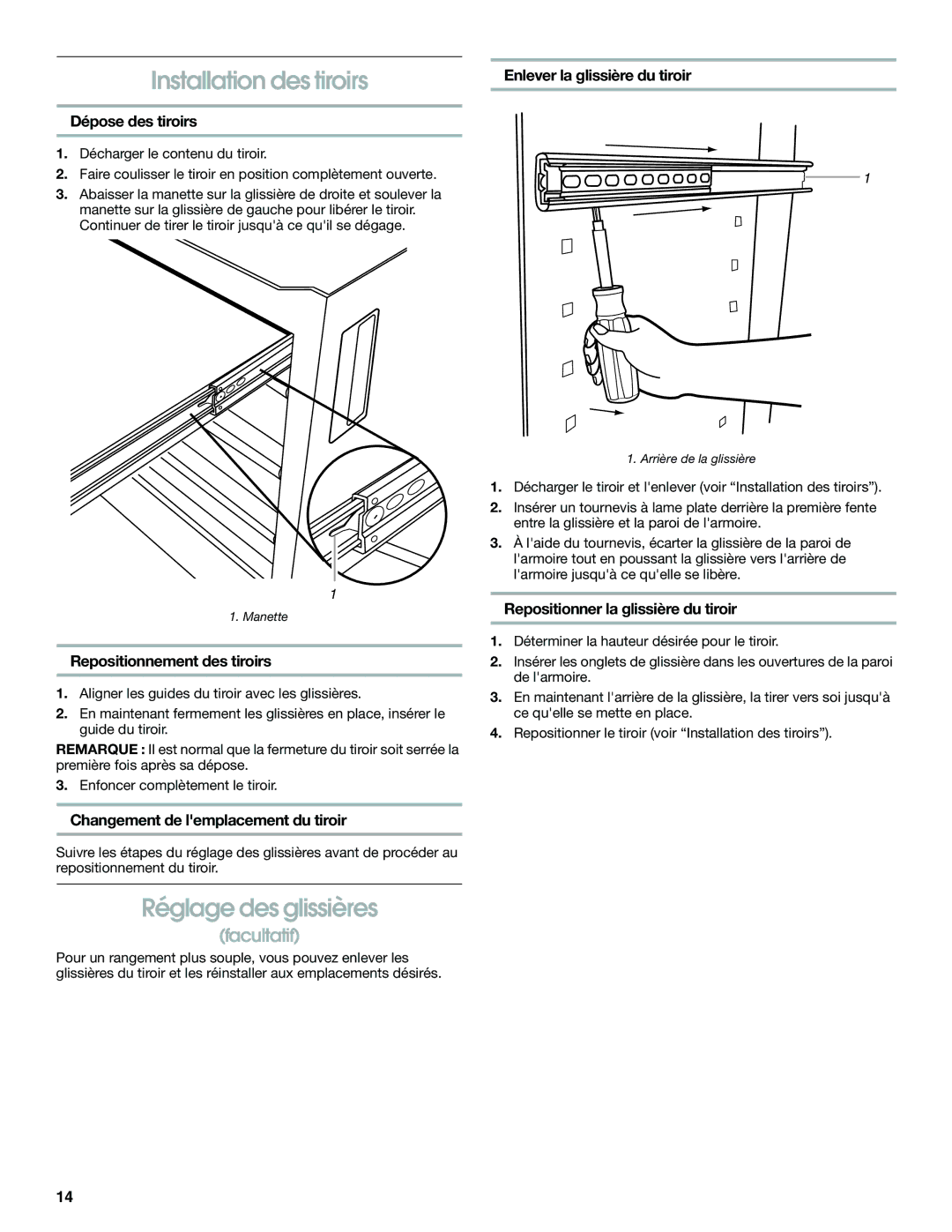 Gladiator Garageworks 2253694A manual Installation des tiroirs, Réglage des glissières 
