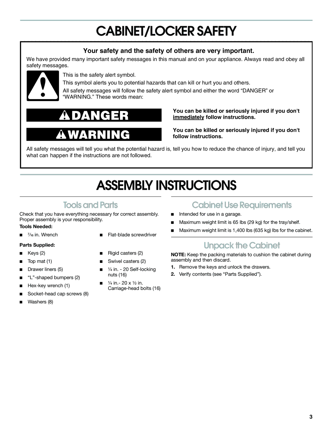 Gladiator Garageworks 2253694A CABINET/LOCKER Safety, Assembly Instructions, Tools and Parts, Cabinet Use Requirements 