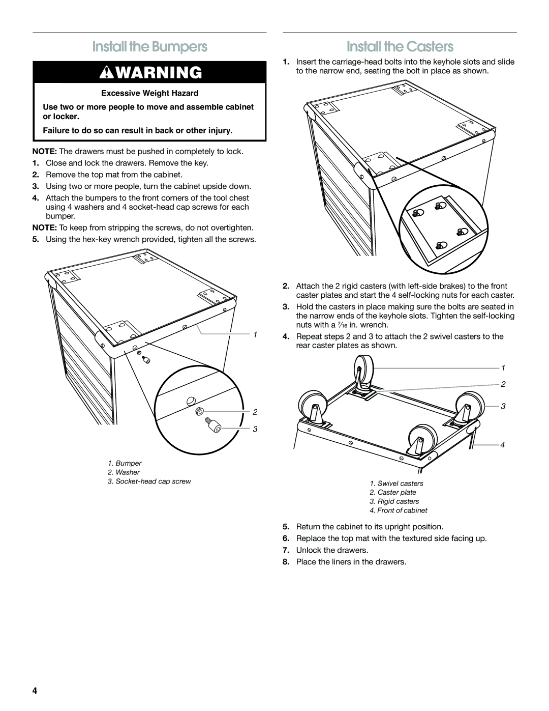 Gladiator Garageworks 2253694A manual Install the Bumpers, Install the Casters 