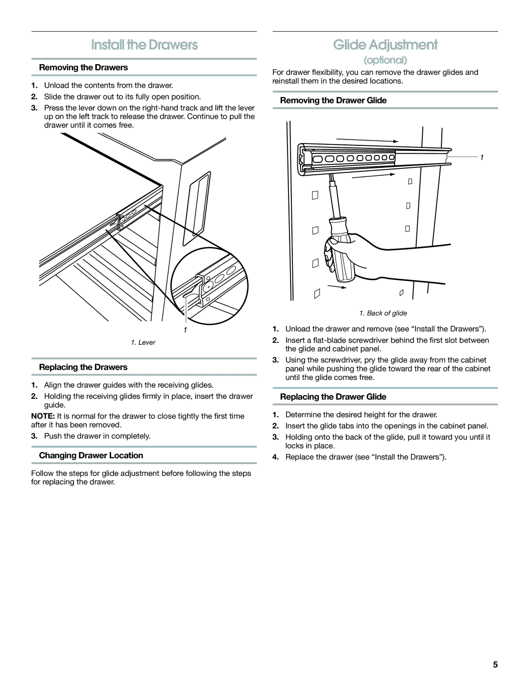 Gladiator Garageworks 2253694A manual Install the Drawers, Glide Adjustment 