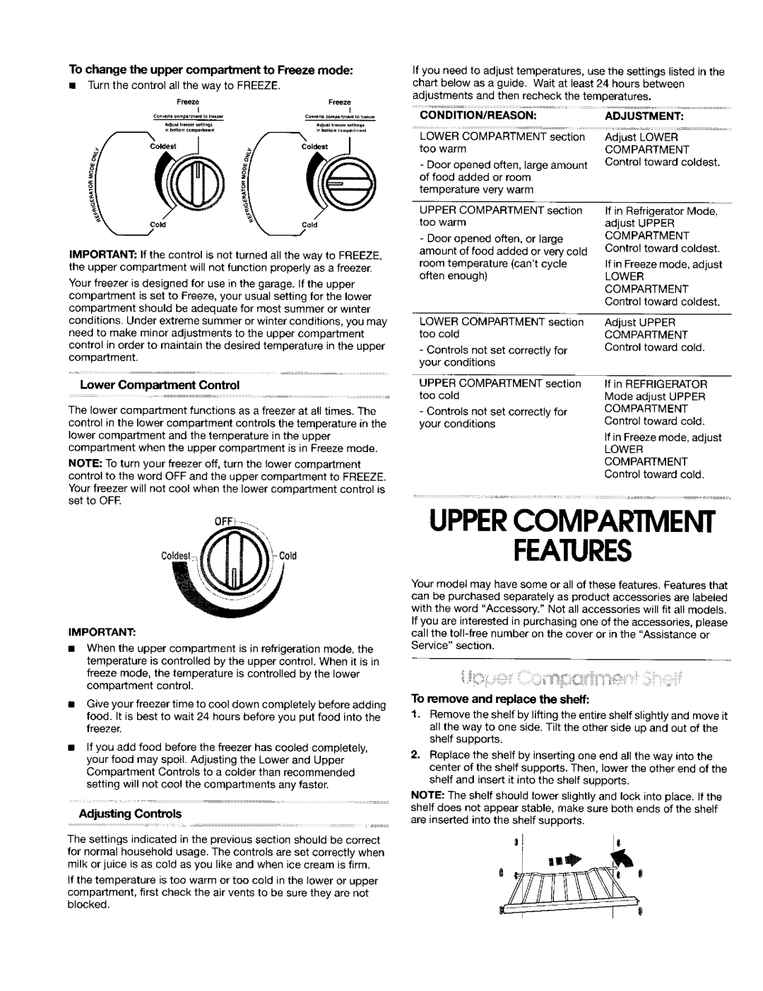 Gladiator Garageworks Freezer manual Uppercompartment Features, To change the upper compartment to Freeze mode 