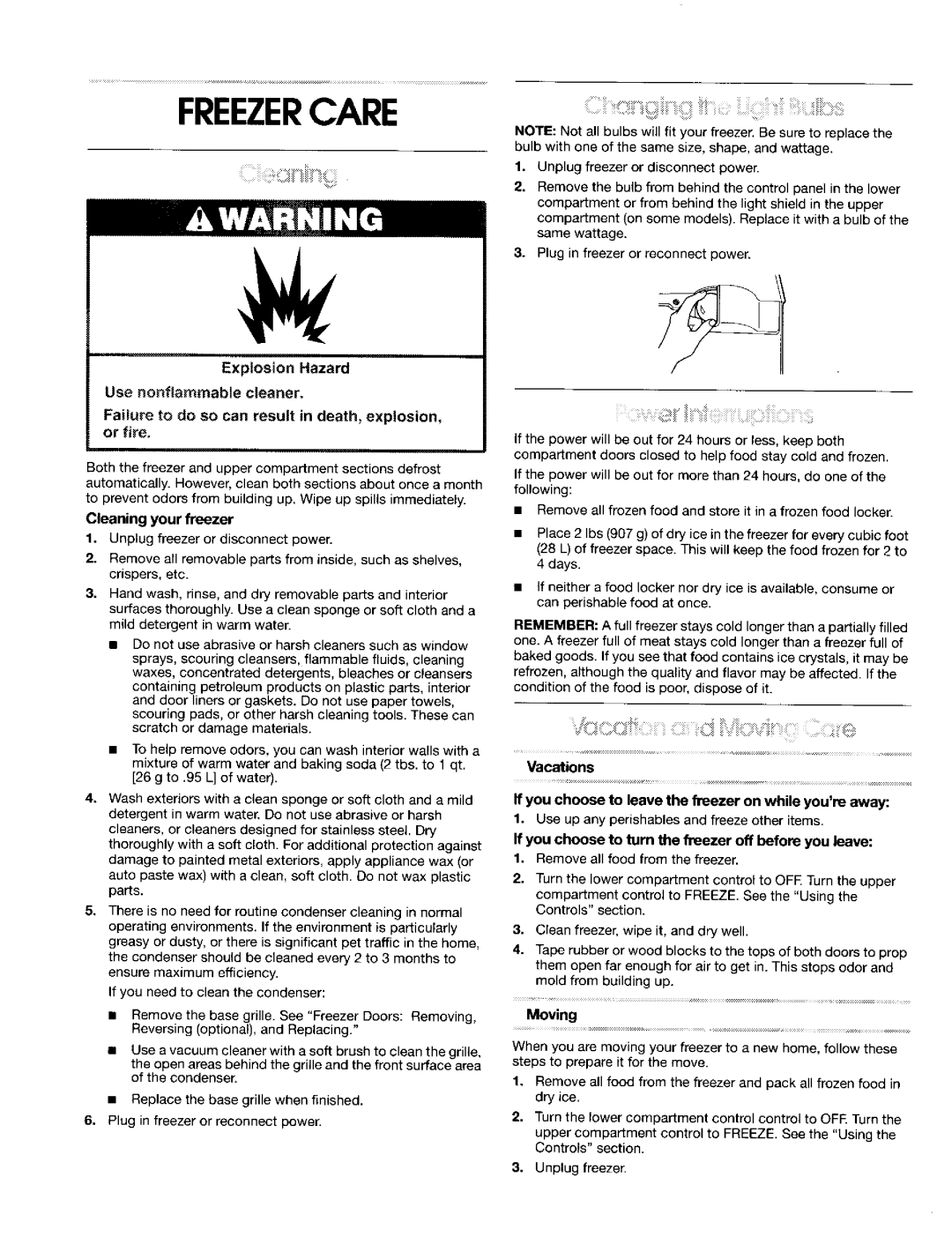 Gladiator Garageworks Freezercare, Explosion Hazard, Failure to do so can result in death, explosion, or fire, Moving 